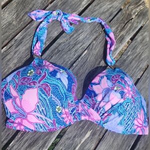 Victoria's Secret Floral Bikini Top with Pink and Blue Design 34 D